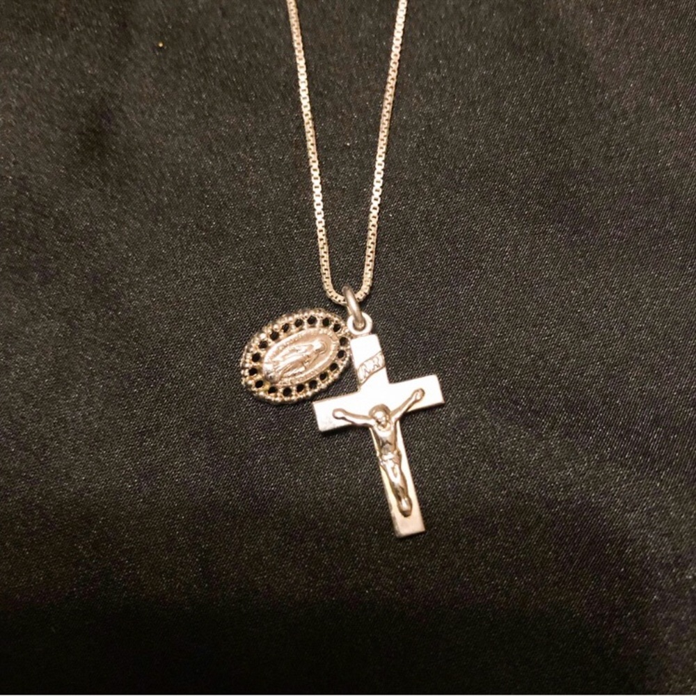 Antique sterling silver women’s Crucifix and Miraculous Medal necklace